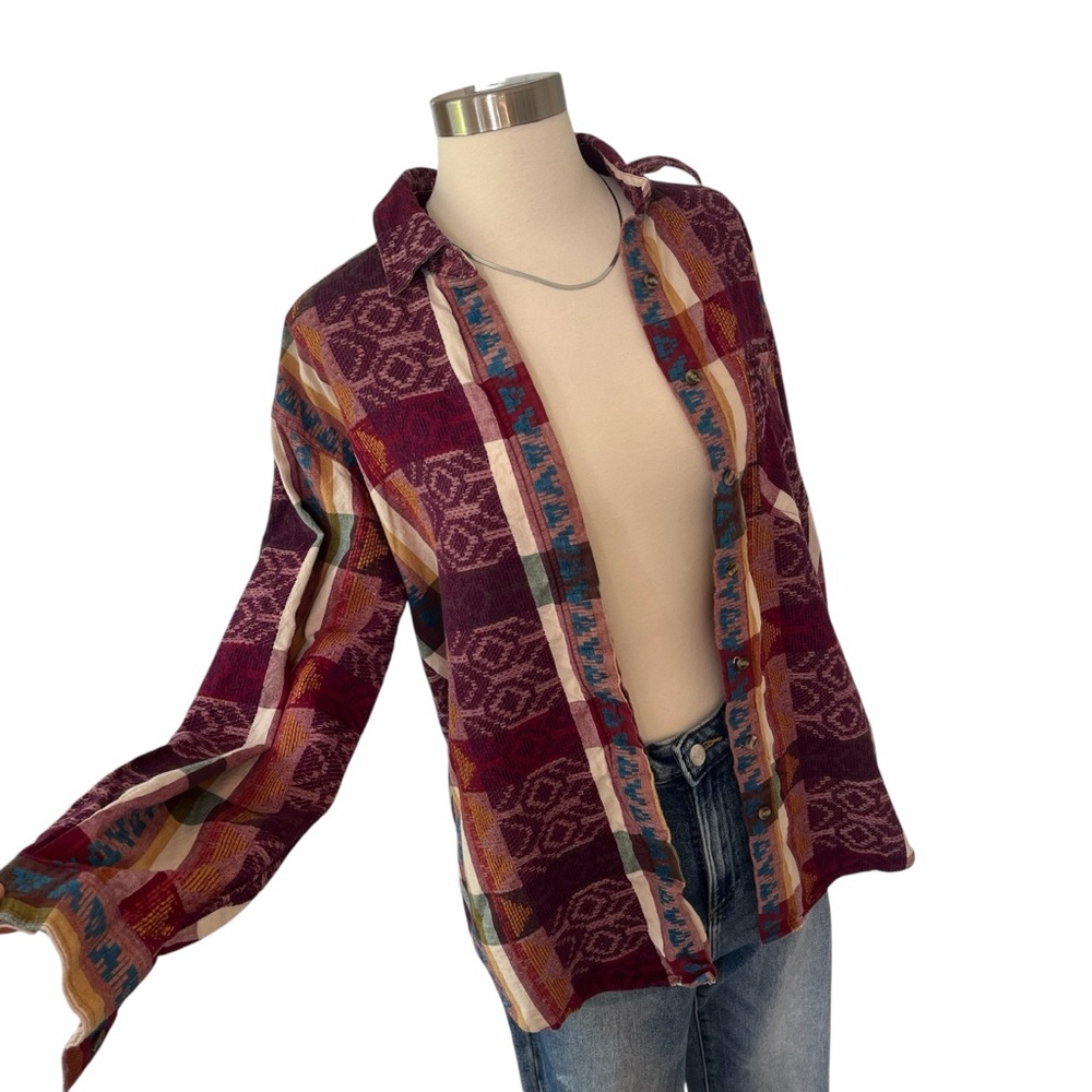 Vintage 90s 100% cotton purple plaid mixed print button down shirt textured LT